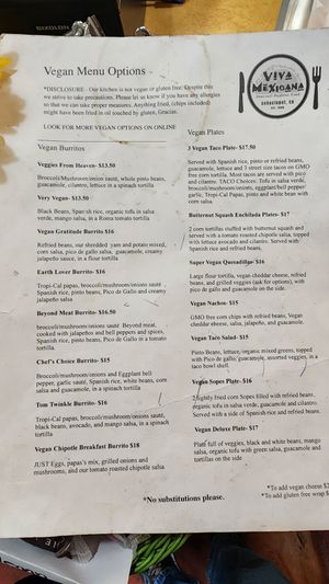 Vegan menu at Viva Mexicana in Sebastopol