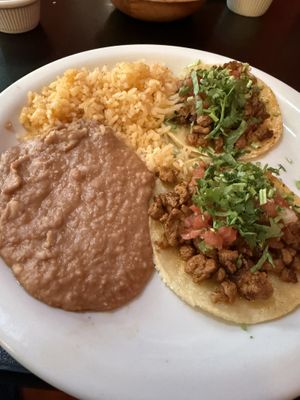 Vegan chorizo tacos, beans & rice   at Viva Mexicana in Sebastopol