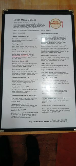 All vegan menu. at Viva Mexicana in Sebastopol