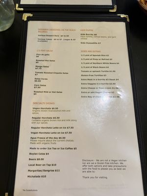 Page 2 of vegan menu  at Viva Mexicana in Sebastopol