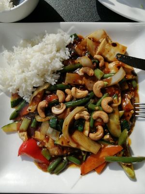 Fried vegetables and tofu in spicy gung bao sauce. (Rice comes in a separate bowl.) at Hot Wok City in Bergen