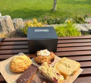 disclaimer, only the 2 scones and the lemon loaf are vegan. The two bars in the front are my friend’s and NOT vegan.  at Purebread in Whistler