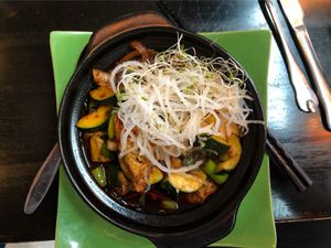 Buddha hot pot. (Tofu, mushrooms, zucchini) at Soya in Bergen