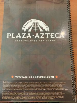 Back of menu at Plaza Azteca in Virginia Beach
