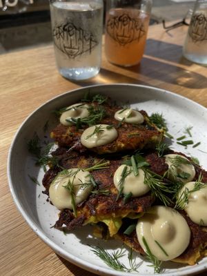 Veggie Fritters with a Cantelope and Raspberry Kiefer drink.    at Fermenter in Portland