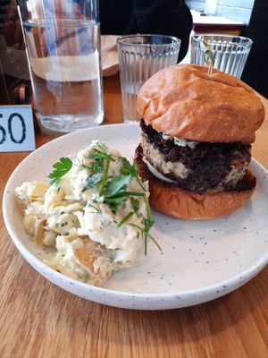 Fermenter Burger, herby potato salad at Fermenter in Portland