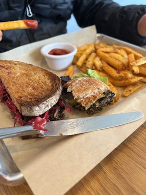 Rueben, a bit of burger and fries  at Fermenter in Portland
