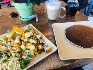 Plant-Based Morning Bliss Scramble with Gluten Free Pancake, and an oat milk latte at Natural World Market & Cafe in Redondo Beach