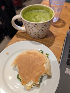 Matcha Latte + Smoked Tofu Sandwich at Anvil Coffee House in Edmonton