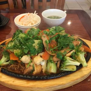 yellow noodles with veggies and chick'n. amazing!!!!!!!!!! at Hoa Sen Vegetarian Restaurant in Garden Grove