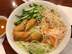 Vermicelli with mock beef and egg roll. A little bland, but good and filling.  at Hoa Sen Vegetarian Restaurant in Garden Grove