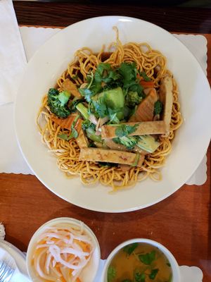 Crispy yellow noodles at Hoa Sen Vegetarian Restaurant in Garden Grove
