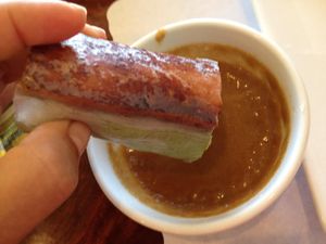 yummy 'pork' spring rolls with peanut dipping sauce. at Hoa Sen Vegetarian Restaurant in Garden Grove