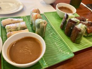Tofu and BBQ Chicken Spring Rolls with Peanut Dipping Sauce at Hoa Sen Vegetarian Restaurant in Garden Grove