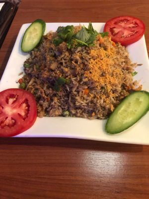 Fried rice-- crispy rice, mushroom, chicken meat fluff at Hoa Sen Vegetarian Restaurant in Garden Grove