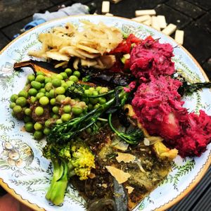 Chargrilled Broccoli Pastry, Pickled Fennel, Pea and Rhubarb, Beetroot.  at Pea Shoot in East London