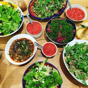 Seasonal Salads, Baba Ganoush, Fresh Tomato Salsa at Pea Shoot in East London