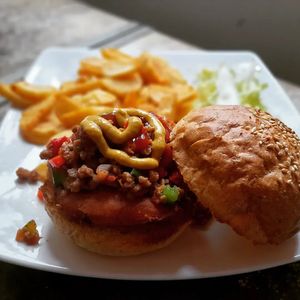 Sloppy Mexican Burger With Fries 145.000 at Filthy Vegan in Ho Chi Minh City