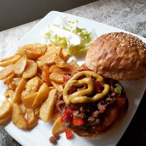 Sloppy Mexican Burger With Fries 145.000 at Filthy Vegan in Ho Chi Minh City