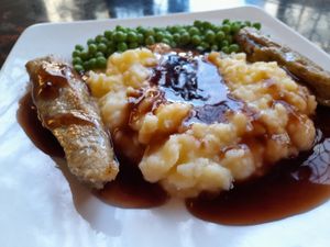 Bangers and mash with extra peas at Filthy Vegan in Ho Chi Minh City