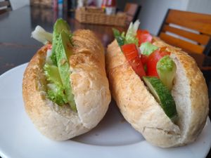 Cashew cheese baguette with loaded fresh veggies at Filthy Vegan in Ho Chi Minh City