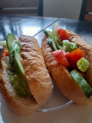 Cashew cheese baguette with loaded fresh veggies at Filthy Vegan in Ho Chi Minh City