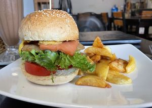 Vegan bacon cashew cheese burger with fries, 150,000 VND  at Filthy Vegan in Ho Chi Minh City