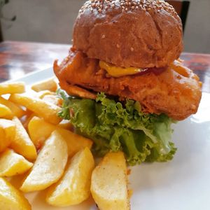 Fillet No Fish burger with fries 170.000 at Filthy Vegan in Ho Chi Minh City