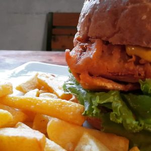 Fillet No Fish burger with fries 170.000 at Filthy Vegan in Ho Chi Minh City