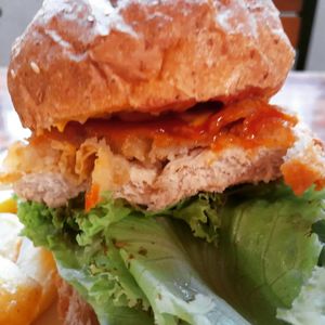 Fillet No Fish burger with fries 170.000 at Filthy Vegan in Ho Chi Minh City