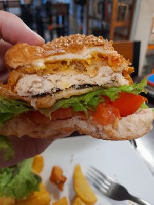 Fillet No Fish burger with fries 170.000 at Filthy Vegan in Ho Chi Minh City