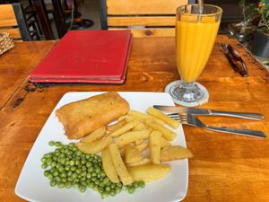 Fish&Chips with mango smoothie  at Filthy Vegan in Ho Chi Minh City