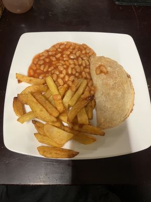 Cashew cheese and onion pasty, chips and Heinz baked beanss  at Filthy Vegan in Ho Chi Minh City