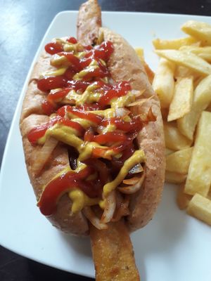 Vegan hotdog with fries at Filthy Vegan in Ho Chi Minh City