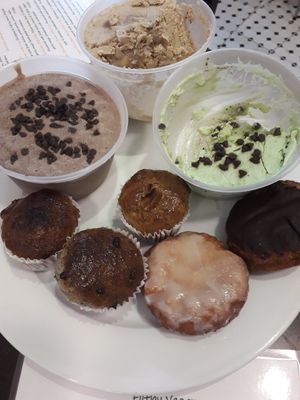 Homemade vegan ice creams: mint choc chips,  coffee and banana with choc chips,  and chocolate with choc chips. 3 kinds of vegan muffins: banana, banana with choc chips,  and banan at Filthy Vegan in Ho Chi Minh City