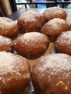A weekly special. These are coconut topped donuts.  at Filthy Vegan in Ho Chi Minh City
