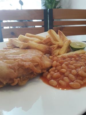 Vegan Fish 'n' Chips with extra beans at Filthy Vegan in Ho Chi Minh City