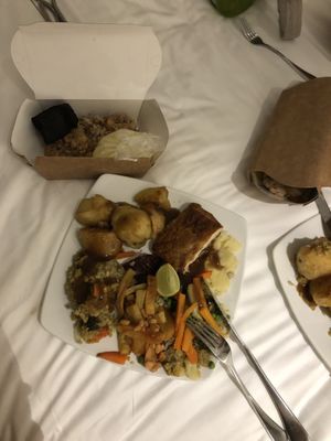take away with minimal to no plastic use! (full christmas dinner with a side of fish and chips)  at Filthy Vegan in Ho Chi Minh City