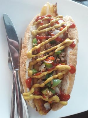 Mexican hotdog with TVP and comes in a toasted wholemeal bun at Filthy Vegan in Ho Chi Minh City