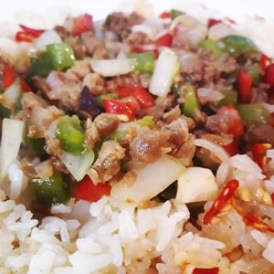 Chilli non carne with fried rice. 100% vegan at Filthy Vegan in Ho Chi Minh City