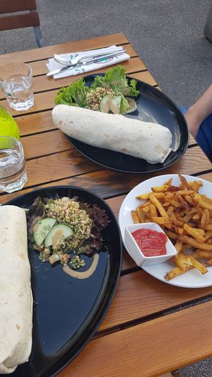 Red beet falafel wrap and fries at Green Flamingo in Innsbruck