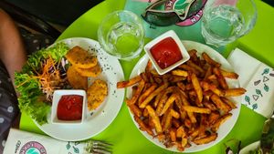 Fried chicken with home made chili fries at Green Flamingo in Innsbruck