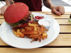flamingo burger with beyond meat at Green Flamingo in Innsbruck