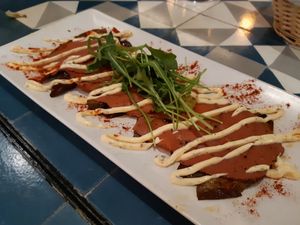 Starter / **Roast peaf** carpaccio at VEGA - Alamo in Madrid