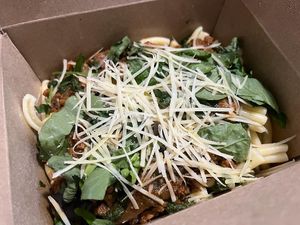 Bolognese with basil and shredded parm, mushrooms at VEGA - Alamo in Madrid