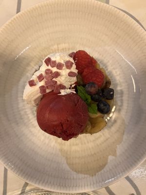 Baked Apple & Banana: with blackcurrant ice cream, red berries and crunchy caramelized chia!   at VEGA - Alamo in Madrid