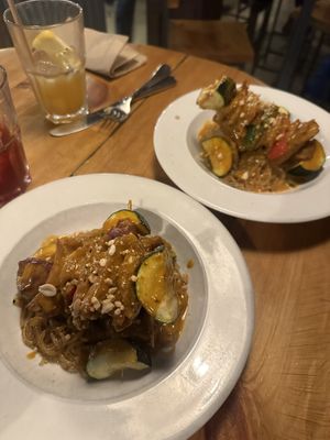 Heura chicken/veg skewers in satay sauce with sweet potato noodles   at VEGA - Alamo in Madrid