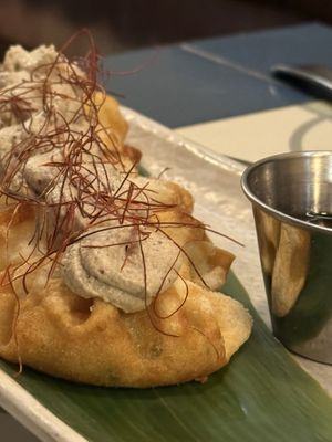 Gyoza with shiitake “foie”. There is a bit of truffle oil (which I usually despise), but it really worked on the pizza!  at VEGA - Alamo in Madrid