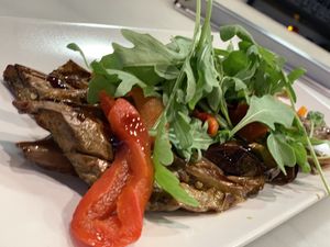 Chinese roasted aubergine with red pepper and sweet yuzu vinaigrette at VEGA - Alamo in Madrid