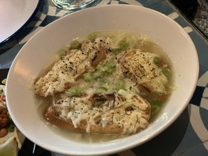 Sweet onion soup in madrilenian wine Sauce with gruyere toast at VEGA - Alamo in Madrid